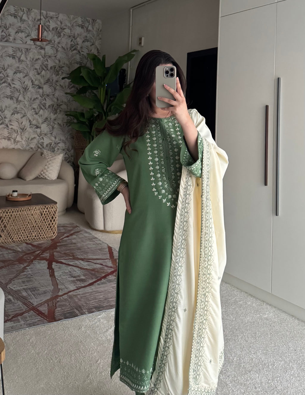 Women's Sage Green Embroidered Straight Kurta Set with Dupatta