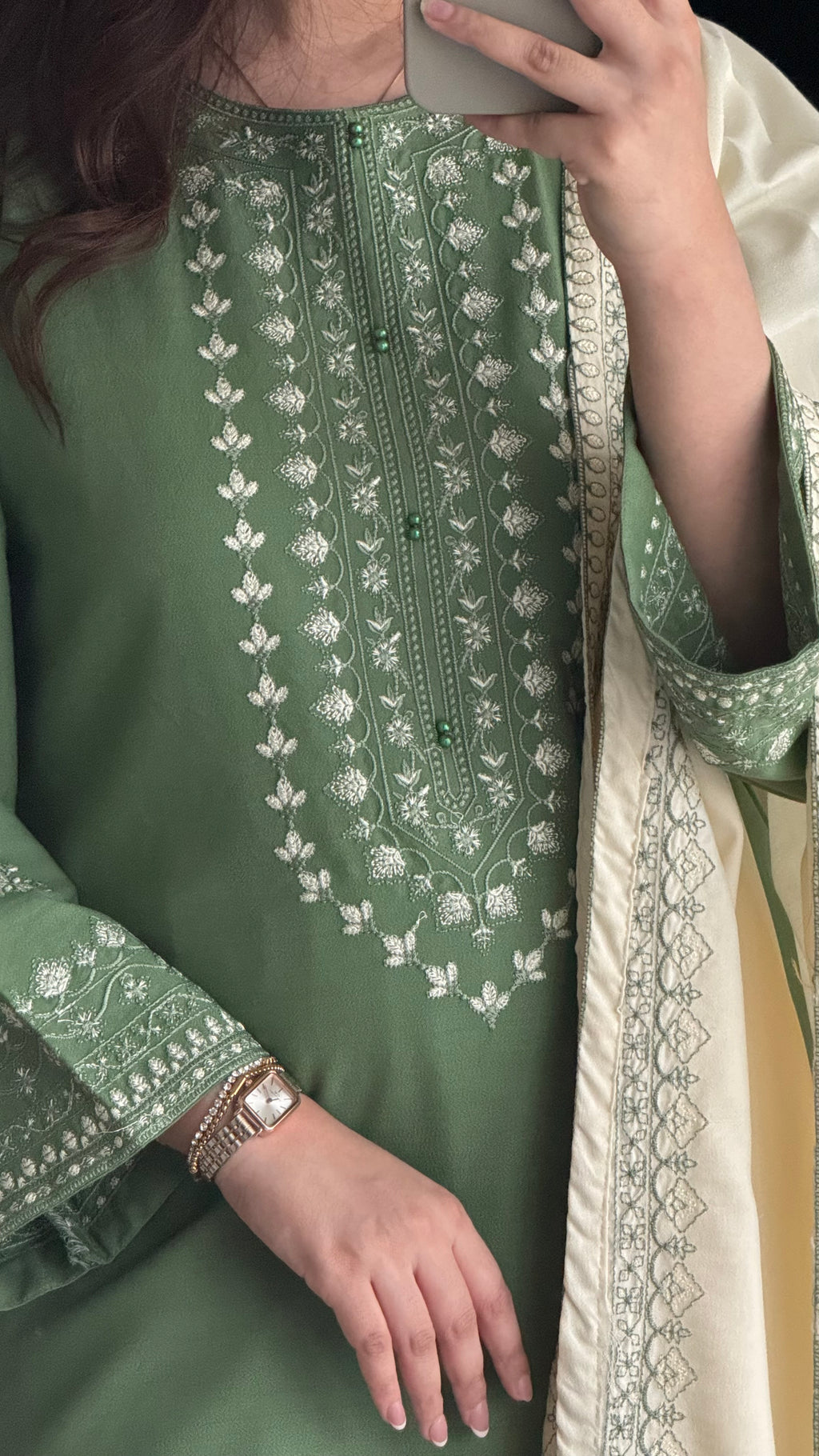 Women's Sage Green Embroidered Straight Kurta Set with Dupatta