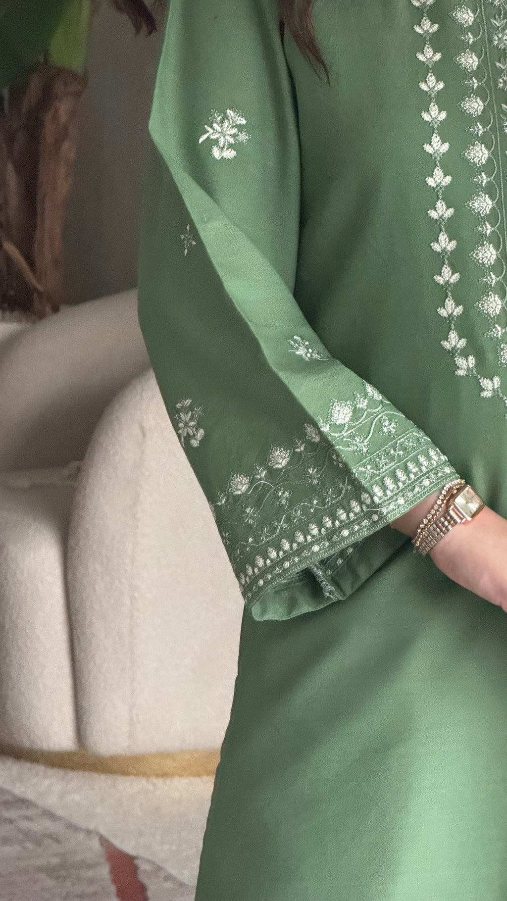 Women's Sage Green Embroidered Straight Kurta Set with Dupatta
