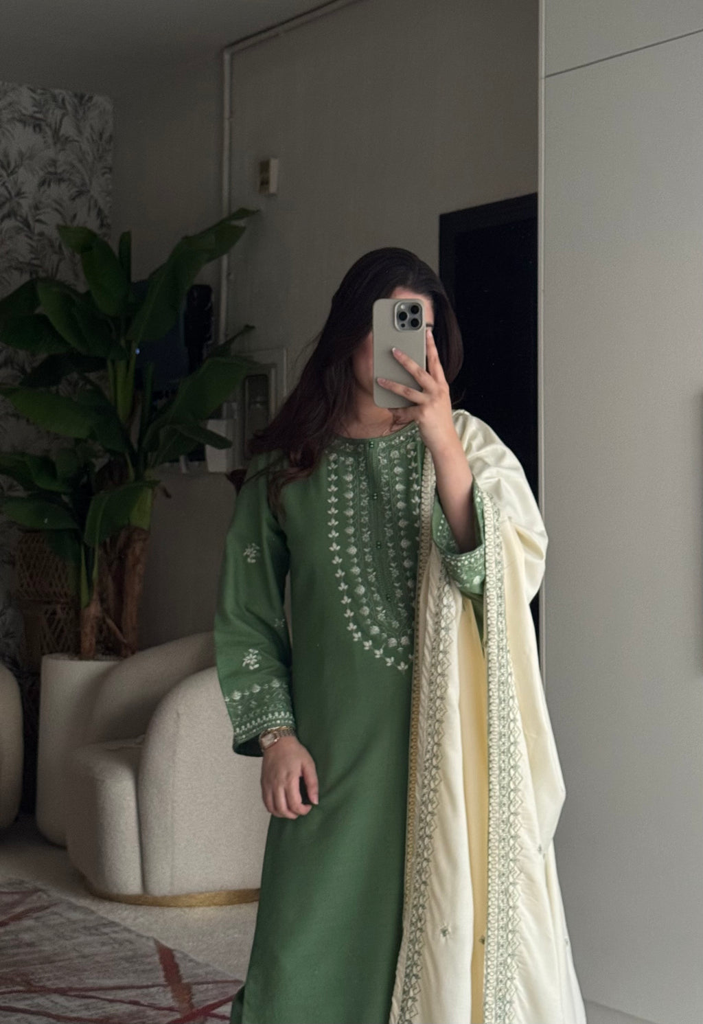 Women's Sage Green Embroidered Straight Kurta Set with Dupatta