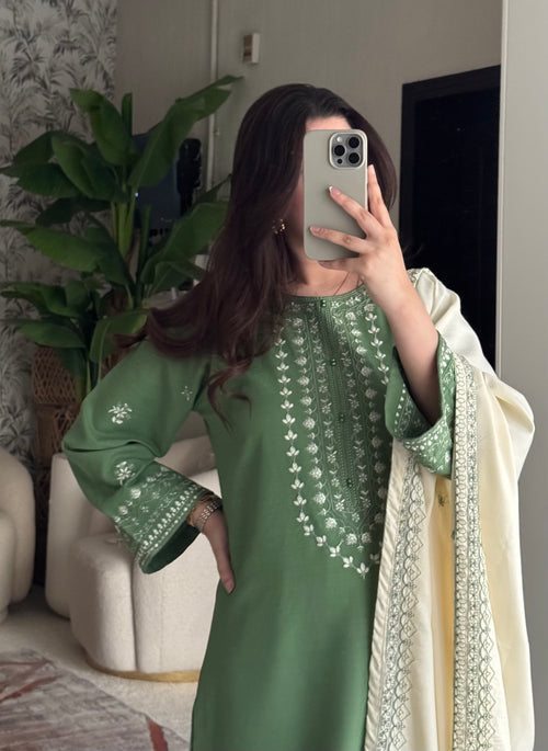 Women's Sage Green Embroidered Straight Kurta Set with Dupatta
