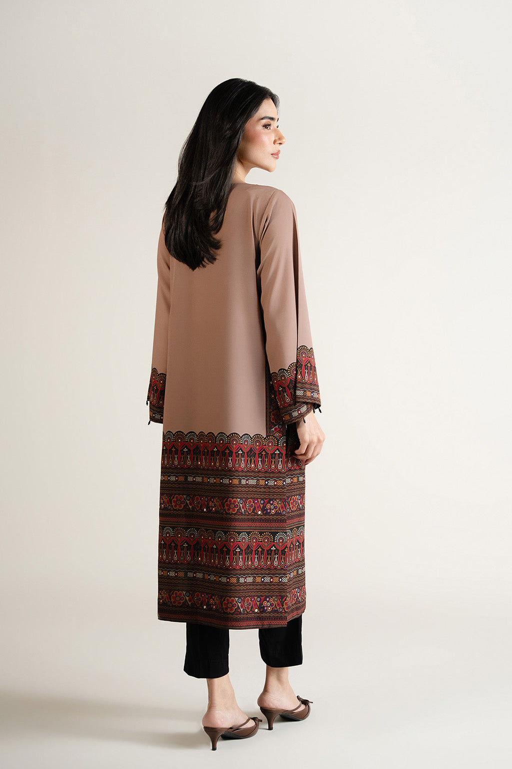 Women's Taupe Tribal Print Straight Kurta Set with Black Dupatta