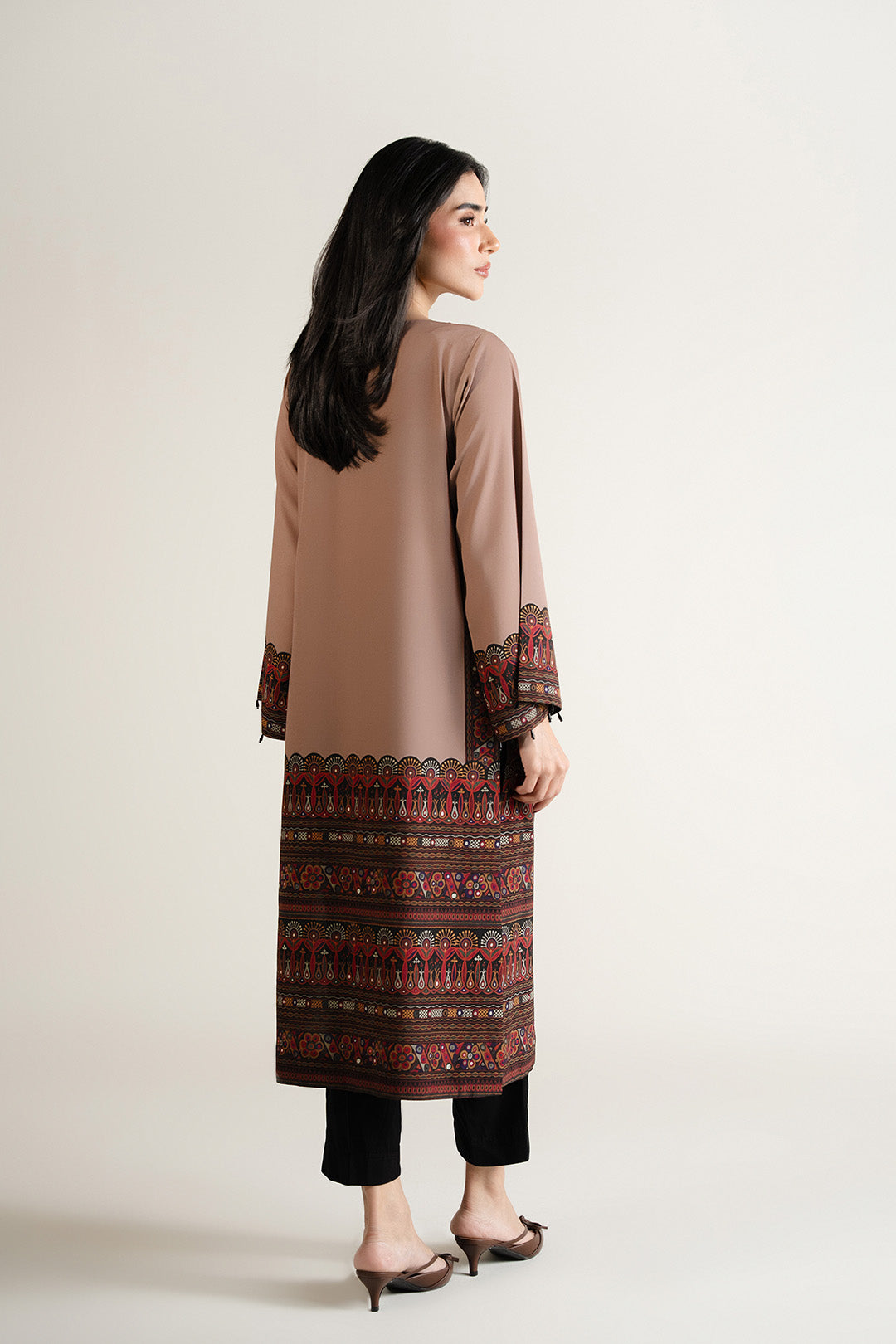 Women's Taupe Tribal Print Straight Kurta Set with Black Dupatta