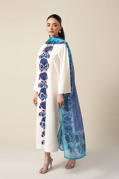 Women's White Floral Embroidered Kurta Set with Blue Printed Dupatta