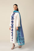 Women's White Floral Embroidered Kurta Set with Blue Printed Dupatta