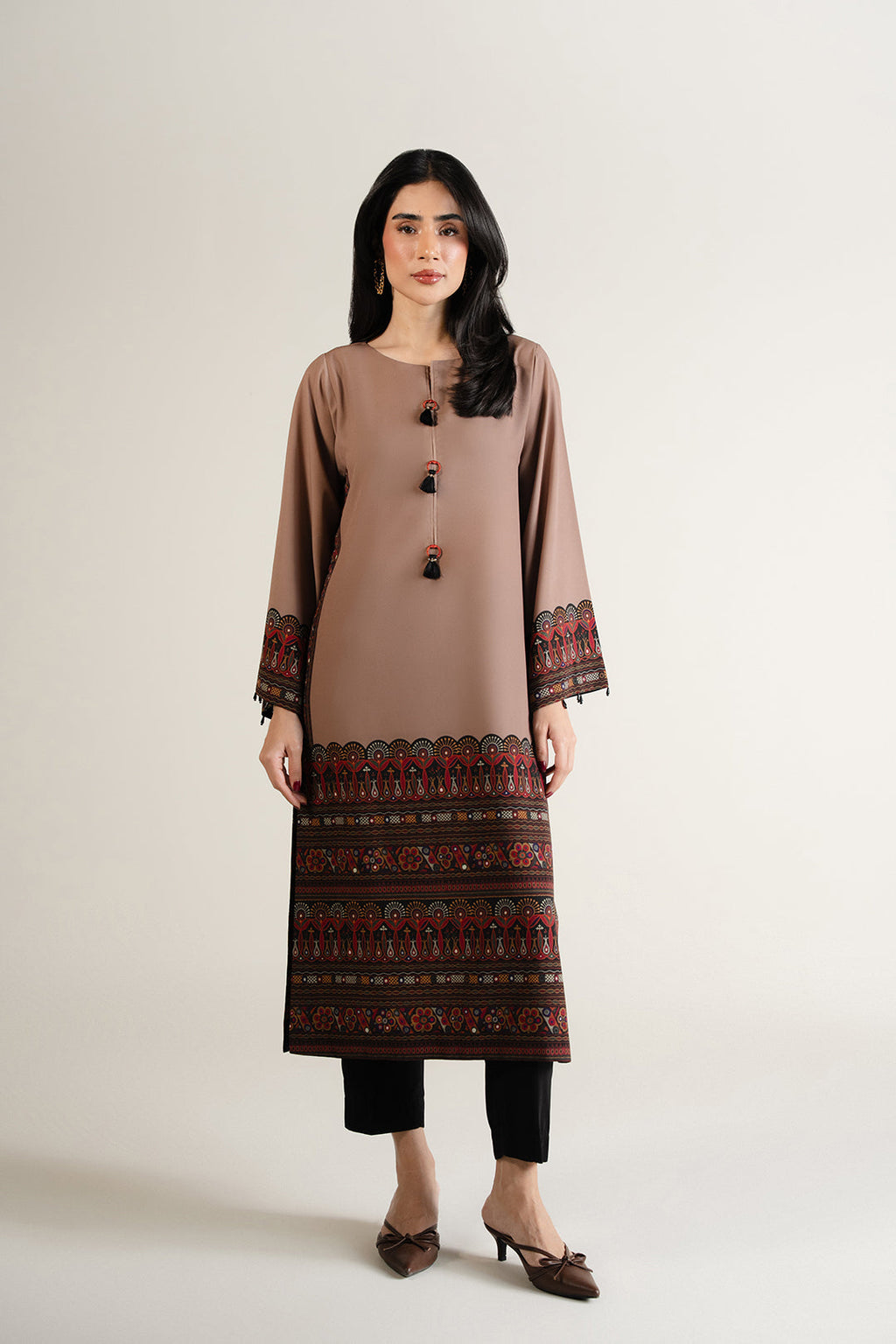Women's Taupe Tribal Print Straight Kurta Set with Black Dupatta