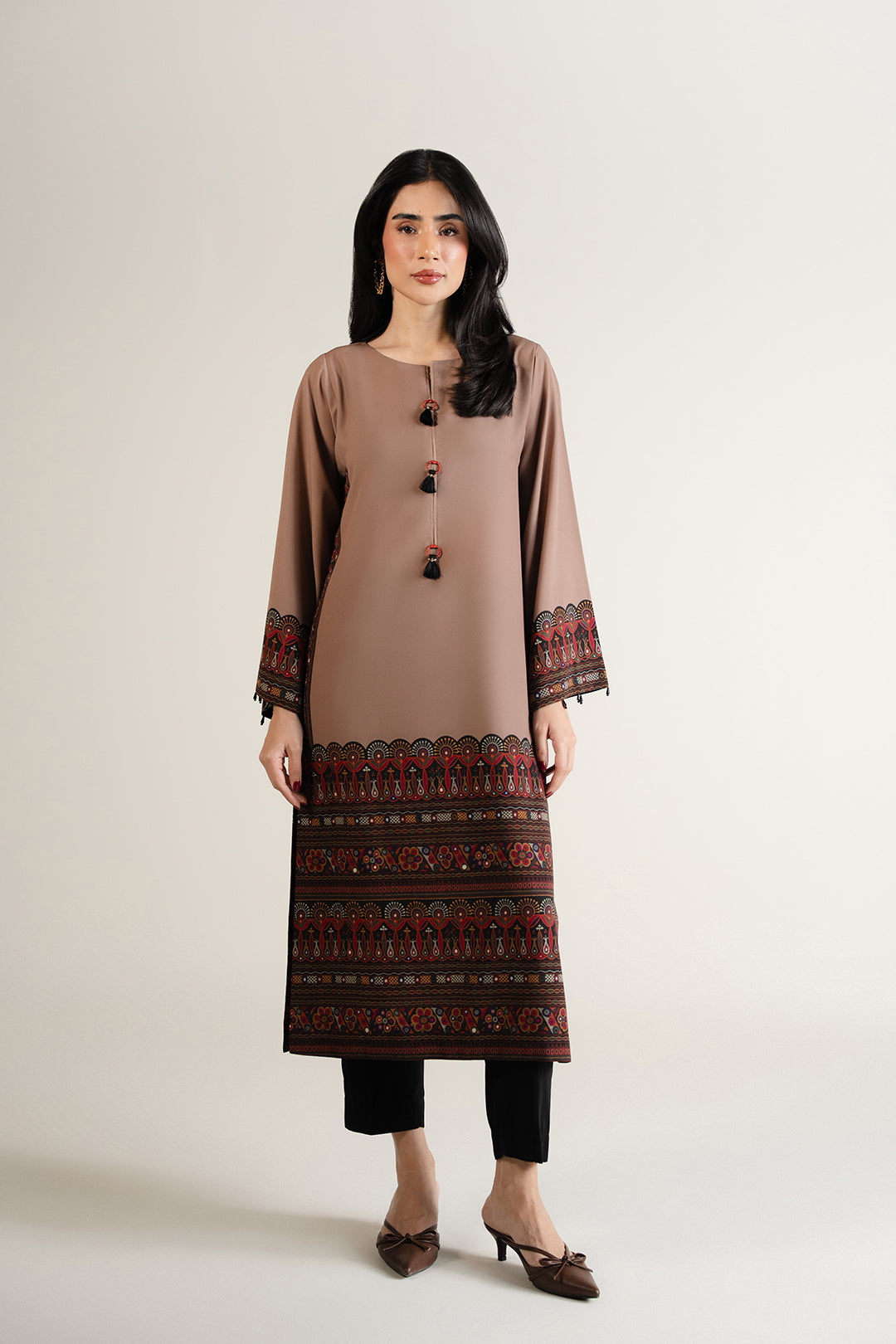 Women's Taupe Tribal Print Straight Kurta Set with Black Dupatta