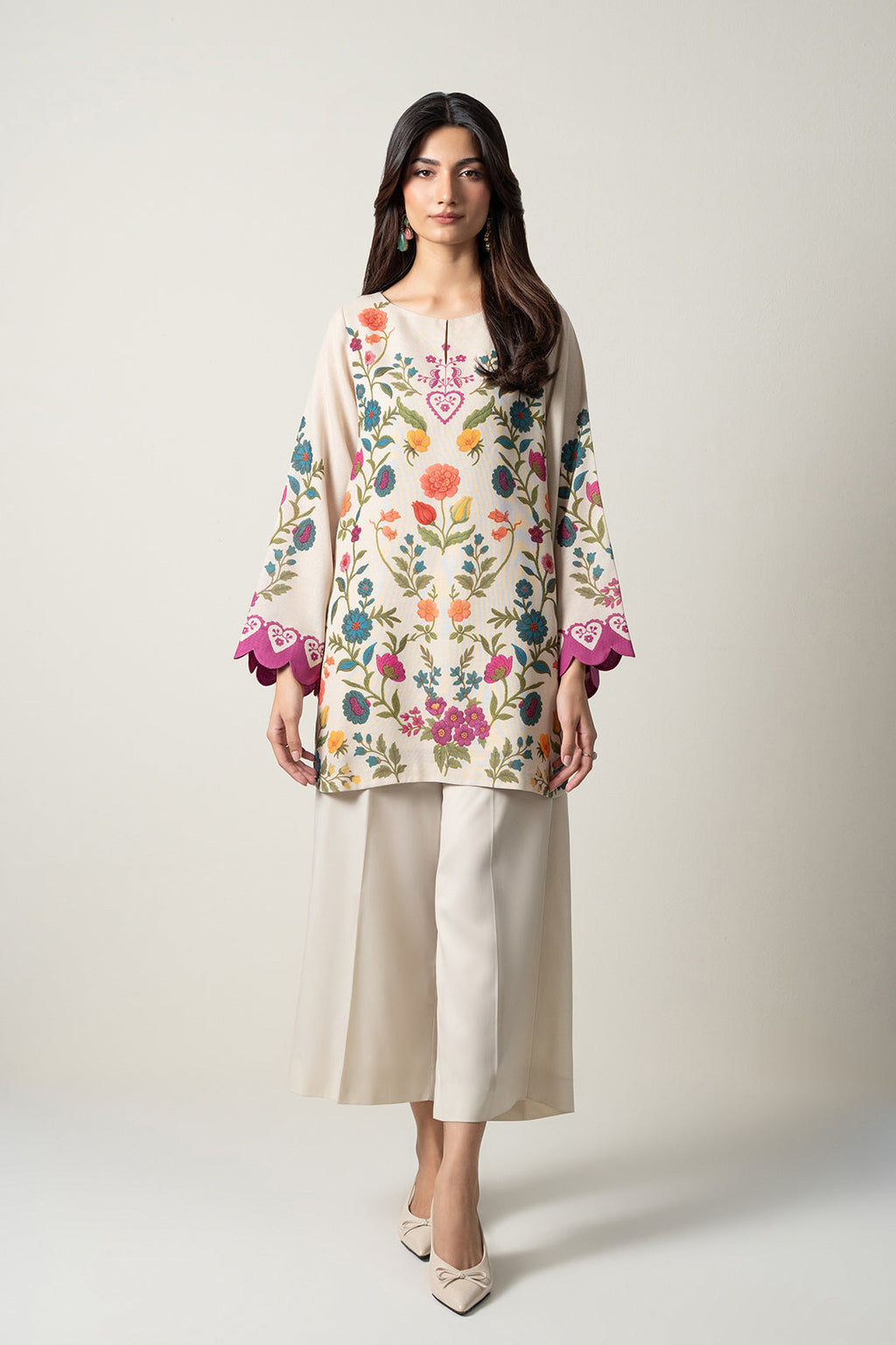 Women's Ivory Floral Printed Co-Ord Kurta Palazzo Set