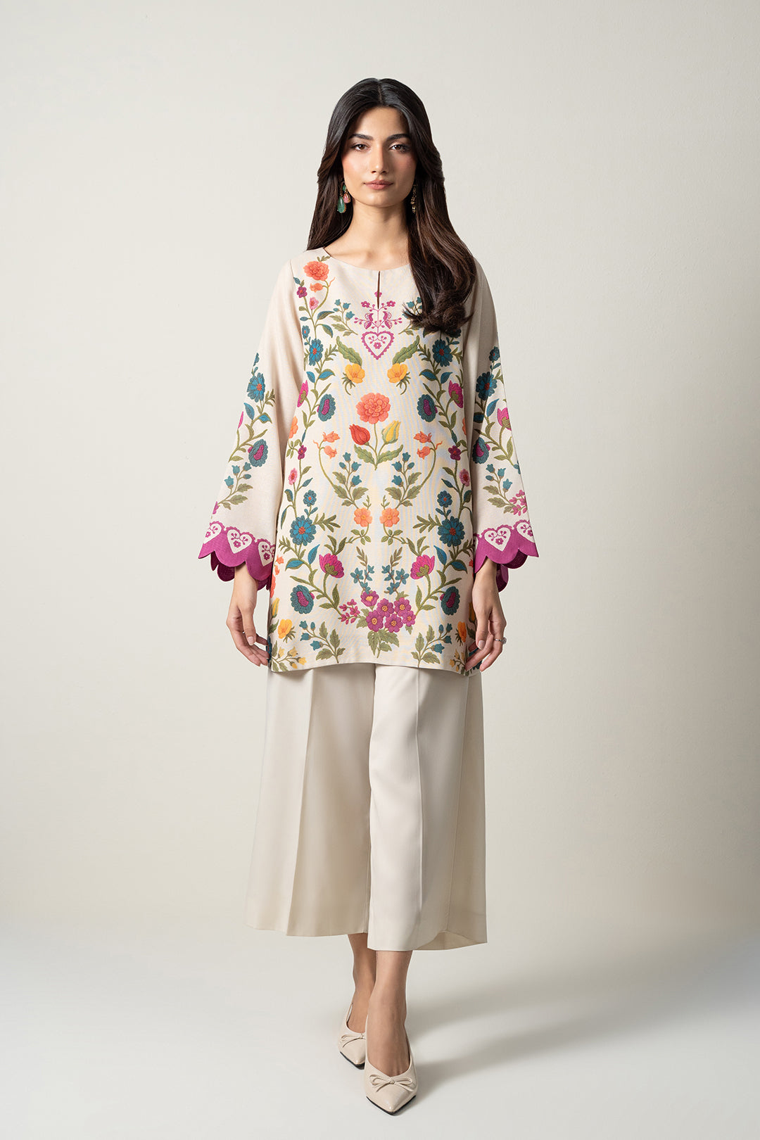Women's Ivory Floral Printed Co-Ord Kurta Palazzo Set