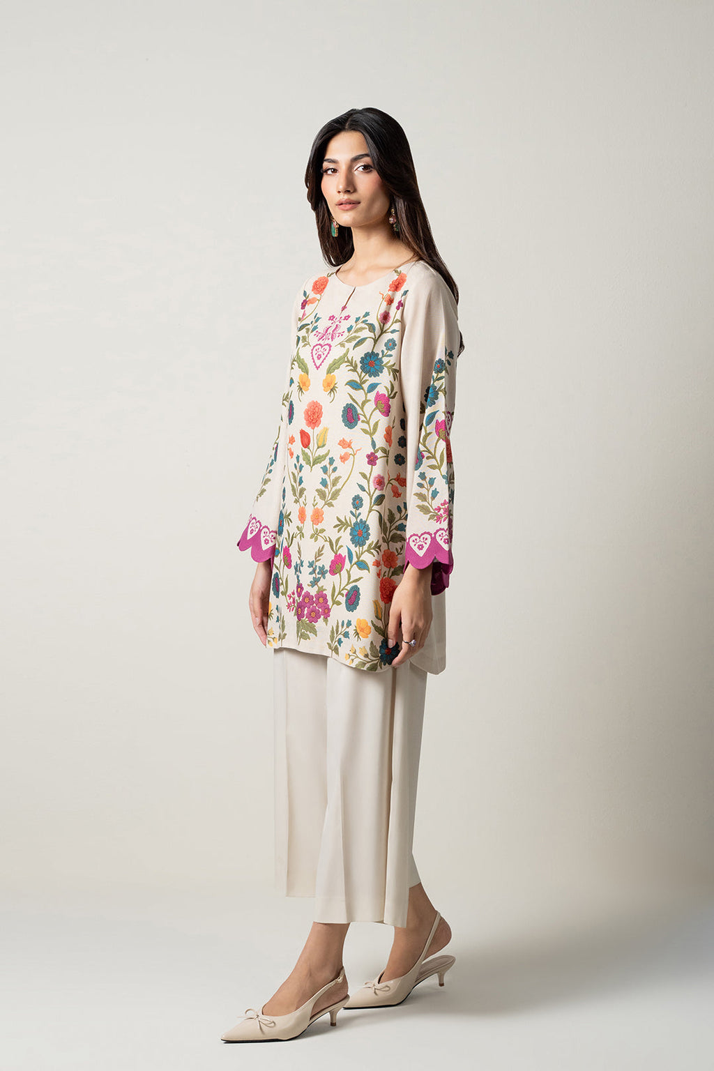 Women's Ivory Floral Printed Co-Ord Kurta Palazzo Set