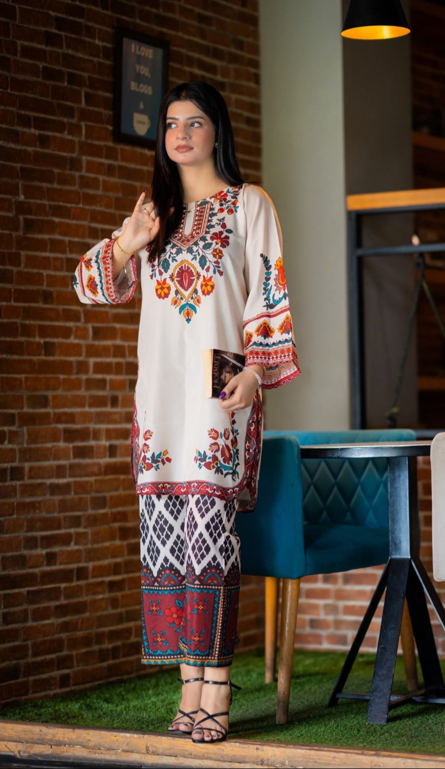 Women's White Floral Printed Co-ord Kurta Pant Set