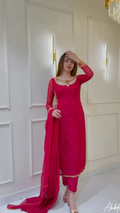 Women's Hot Pink Embellished Straight Cut Salwar Suit with Dupatta