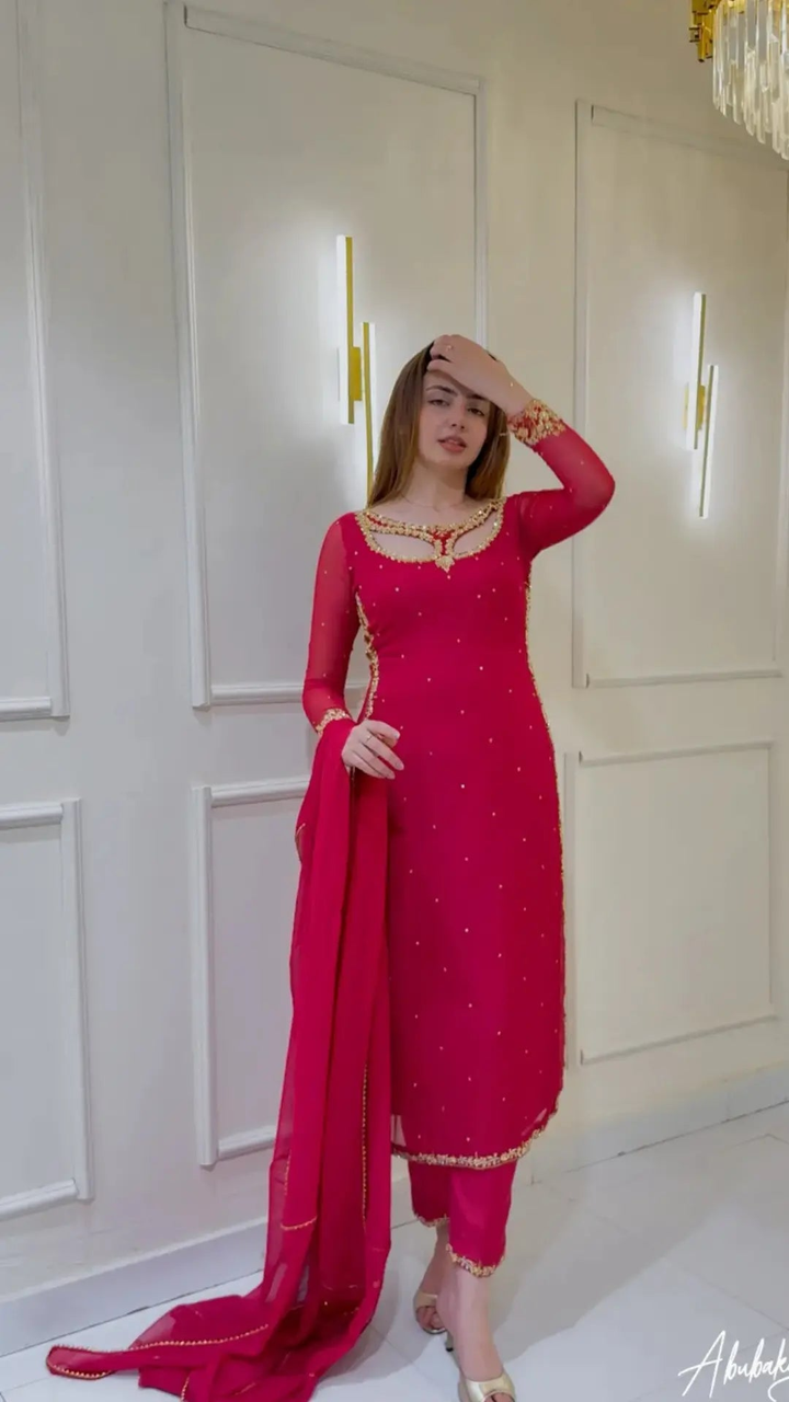 Women's Hot Pink Embellished Straight Cut Salwar Suit with Dupatta