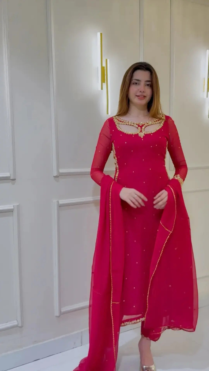 Women's Hot Pink Embellished Straight Cut Salwar Suit with Dupatta