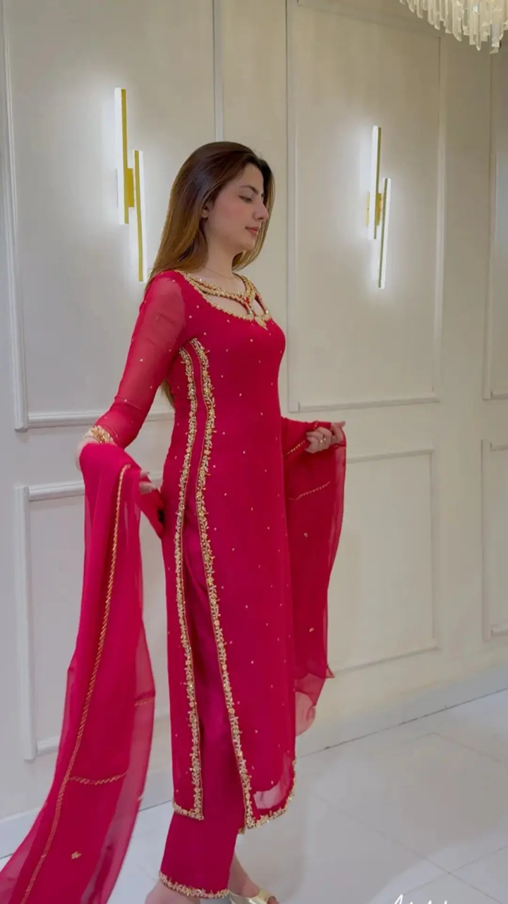 Women's Hot Pink Embellished Straight Cut Salwar Suit with Dupatta