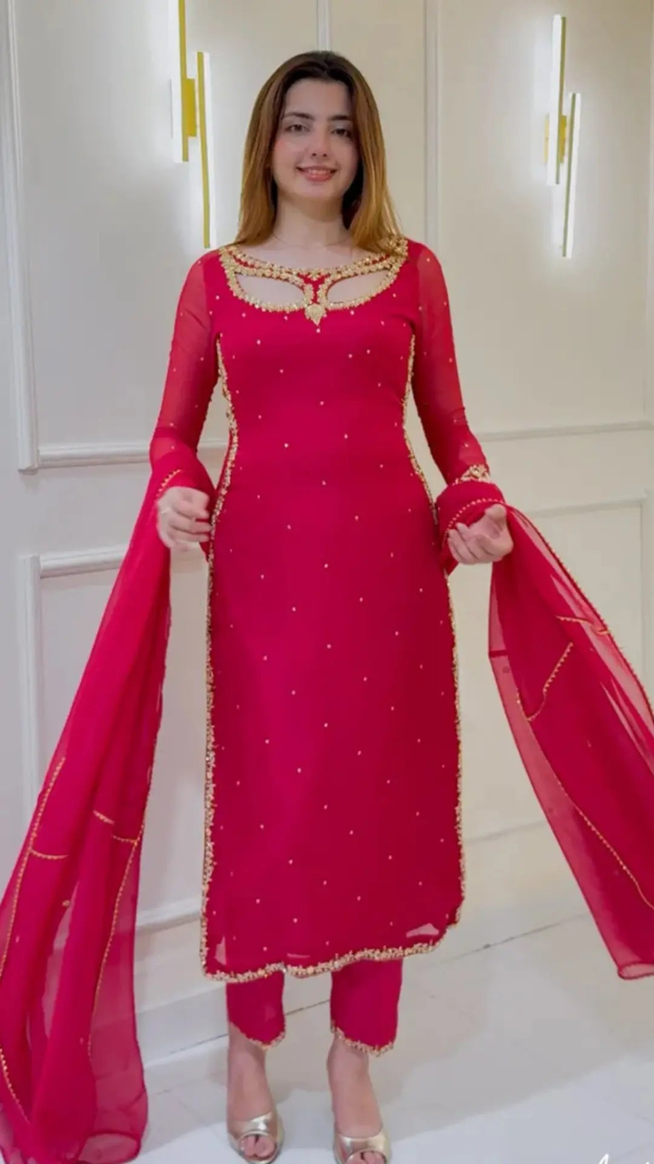 Women's Hot Pink Embellished Straight Cut Salwar Suit with Dupatta
