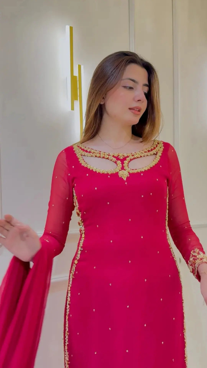 Women's Hot Pink Embellished Straight Cut Salwar Suit with Dupatta