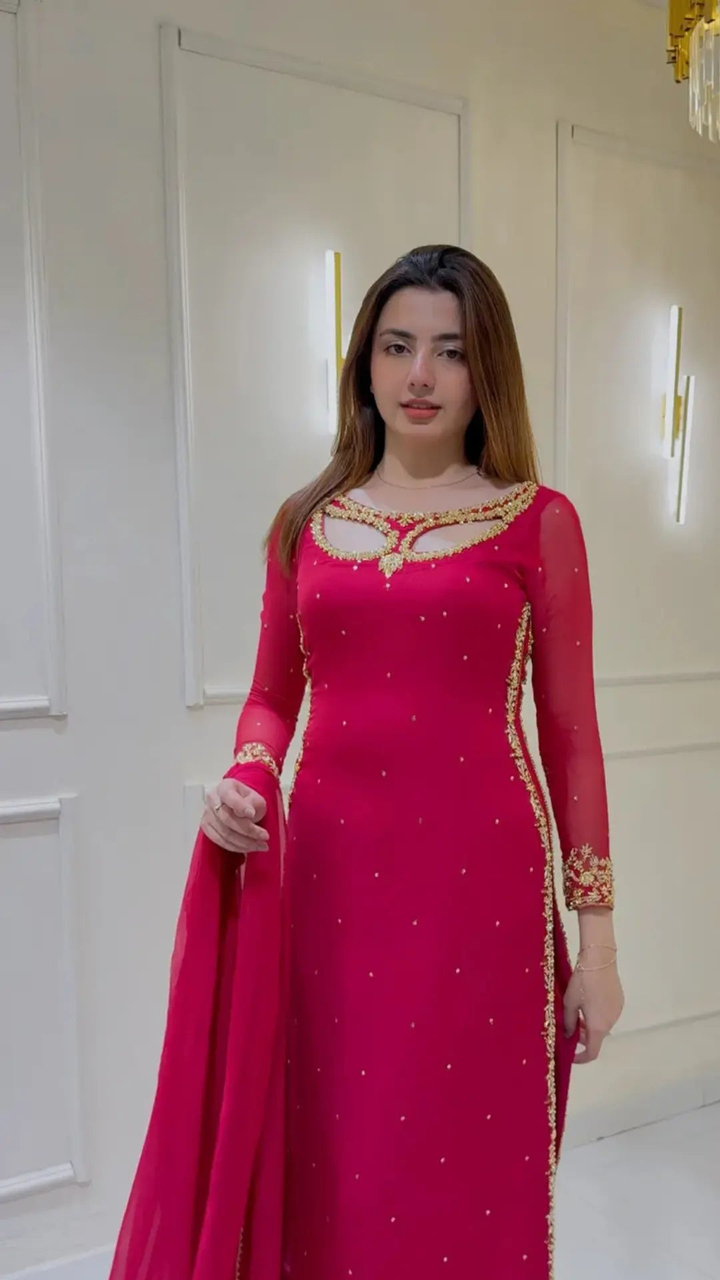 Women's Hot Pink Embellished Straight Cut Salwar Suit with Dupatta