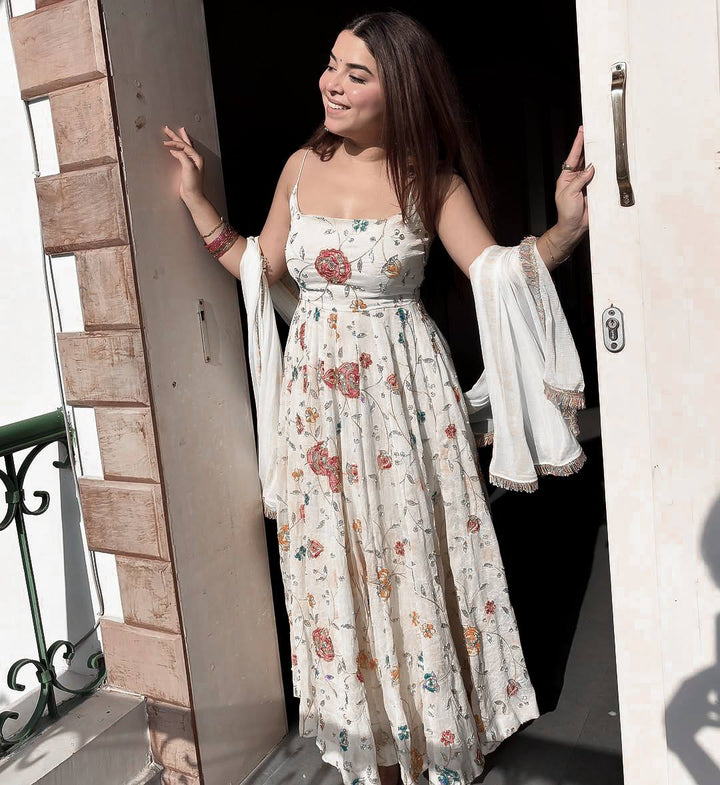 Women's Ivory Floral Printed Anarkali Dress with Matching Dupatta