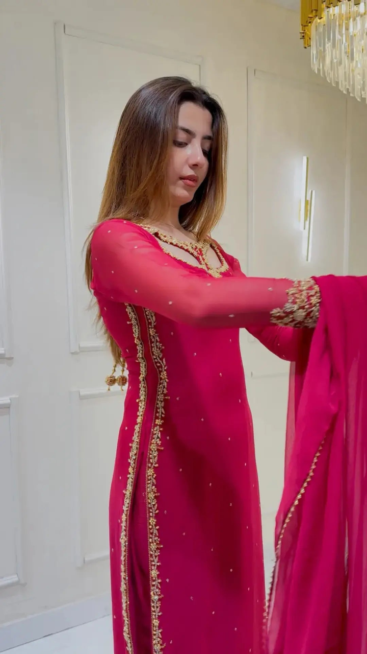 Women's Hot Pink Embellished Straight Cut Salwar Suit with Dupatta