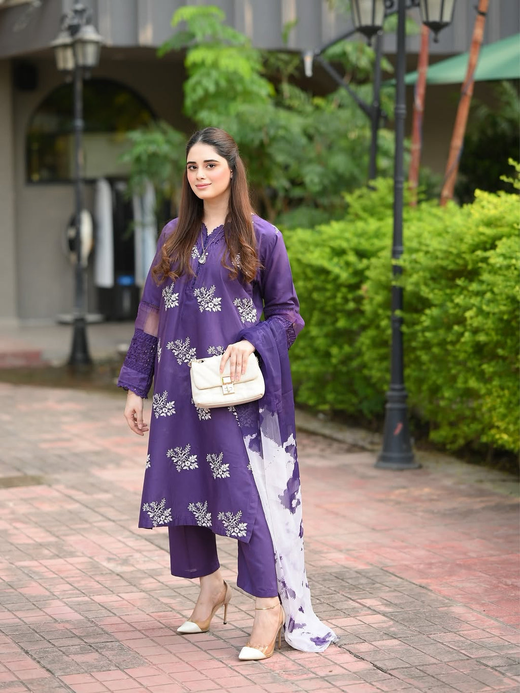 Elegant Purple Embroidered Lawn Suit Set with Printed Dupatta