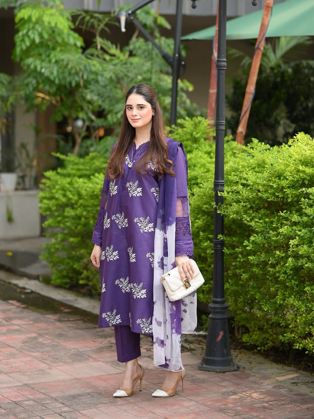 Elegant Purple Embroidered Lawn Suit Set with Printed Dupatta