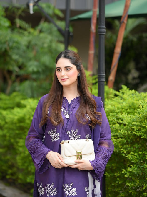 Elegant Purple Embroidered Lawn Suit Set with Printed Dupatta