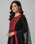 Black & Crimson Embroidered Suit Set with Chiffon Dupatta