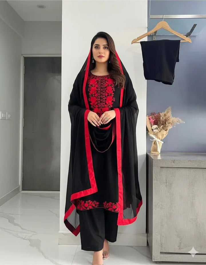 Black & Crimson Embroidered Suit Set with Chiffon Dupatta
