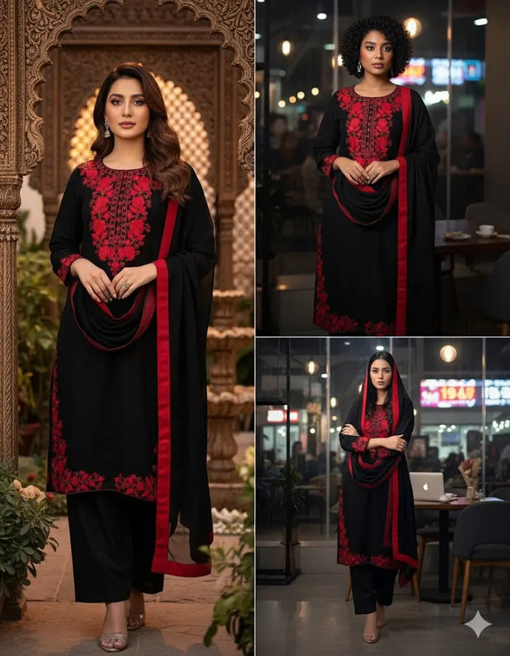Black & Crimson Embroidered Suit Set with Chiffon Dupatta
