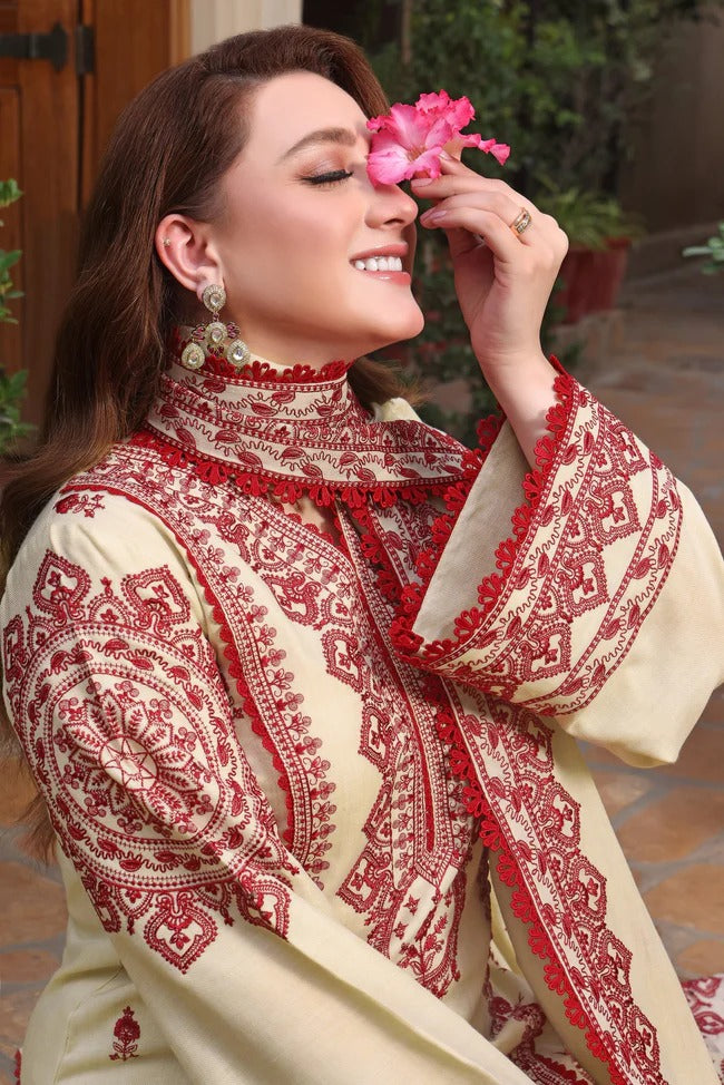 Women's Ivory & Crimson Embroidered Luxury Kurta Set with Dupatta
