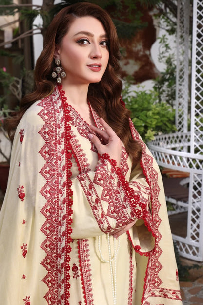 Women's Ivory & Crimson Embroidered Luxury Kurta Set with Dupatta