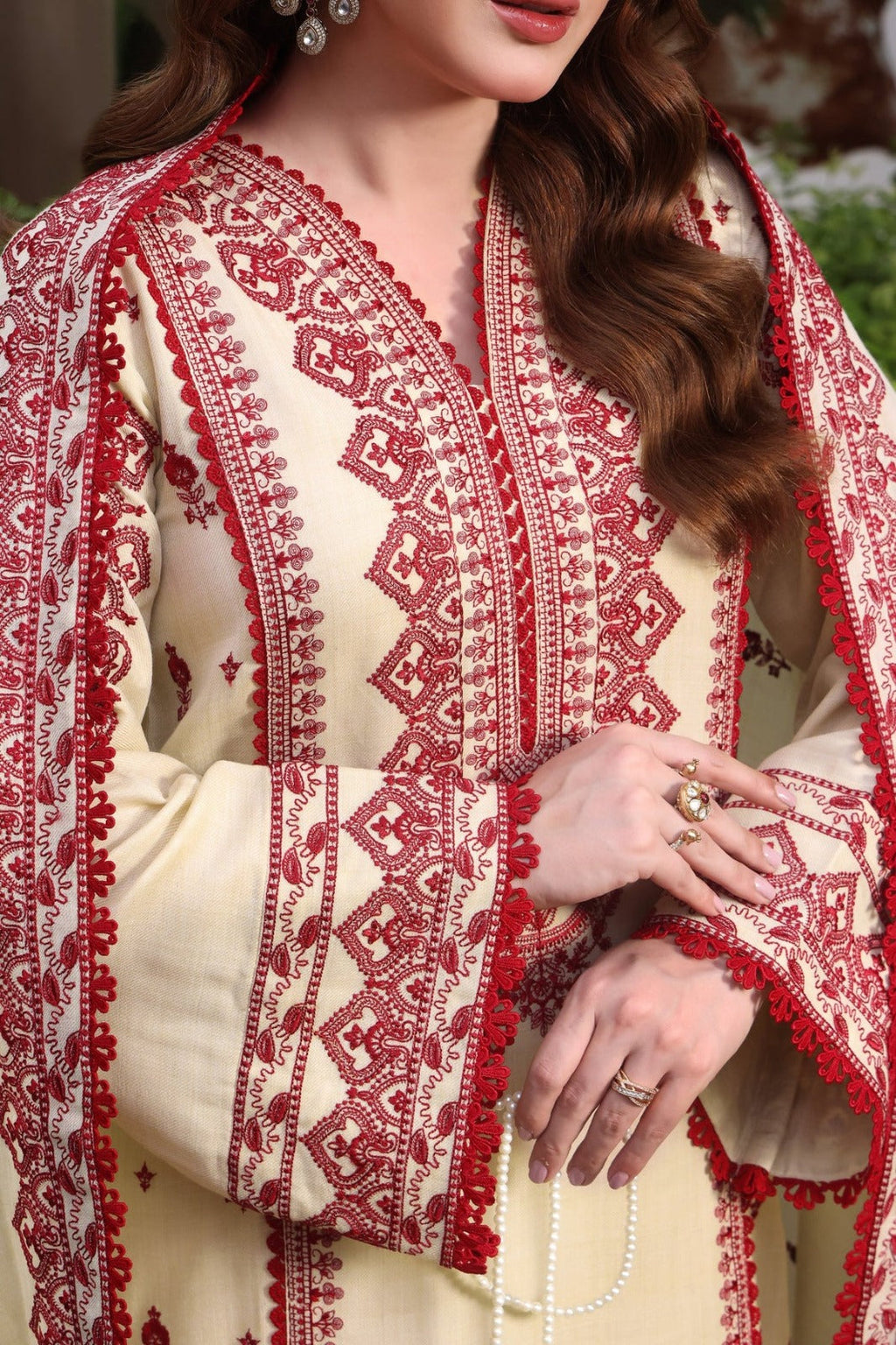 Women's Ivory & Crimson Embroidered Luxury Kurta Set with Dupatta
