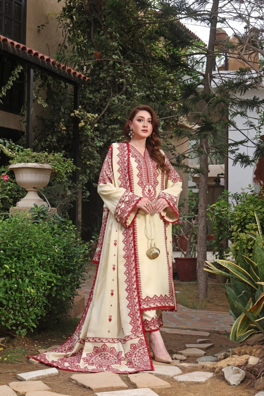 Women's Ivory & Crimson Embroidered Luxury Kurta Set with Dupatta