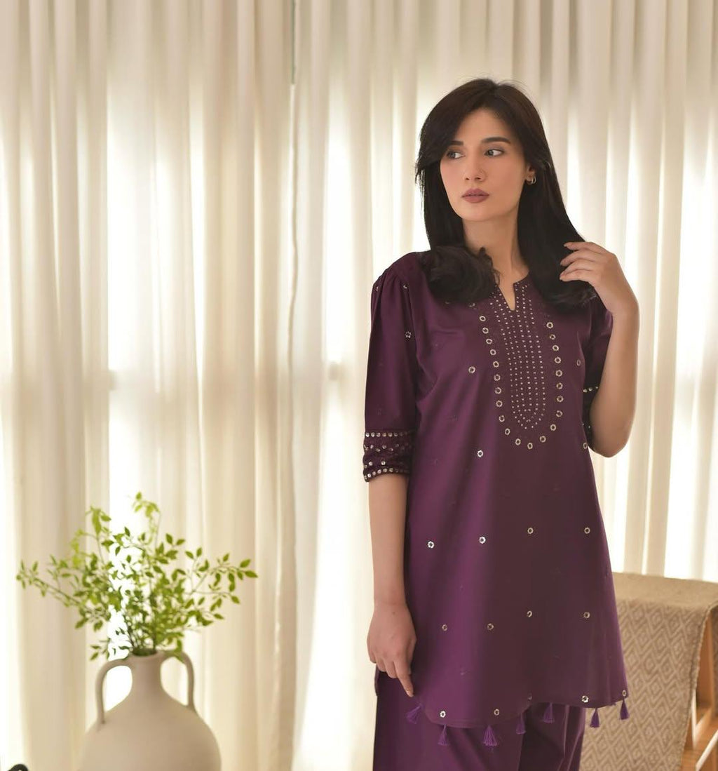 Women's Royal Plum Mirror Work Kurta Palazzo Set with Dupatta