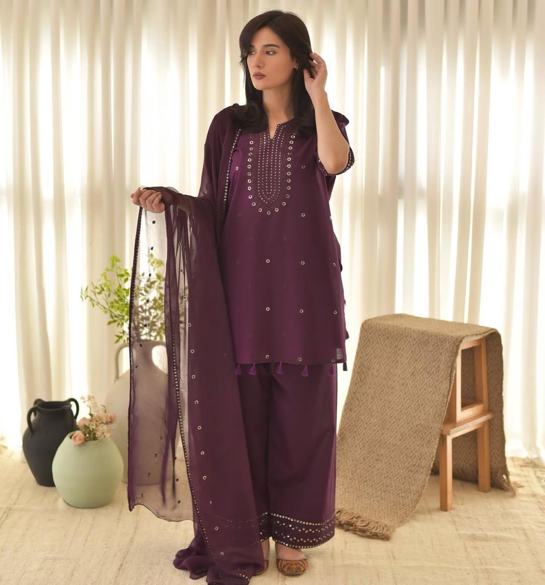 Women's Royal Plum Mirror Work Kurta Palazzo Set with Dupatta