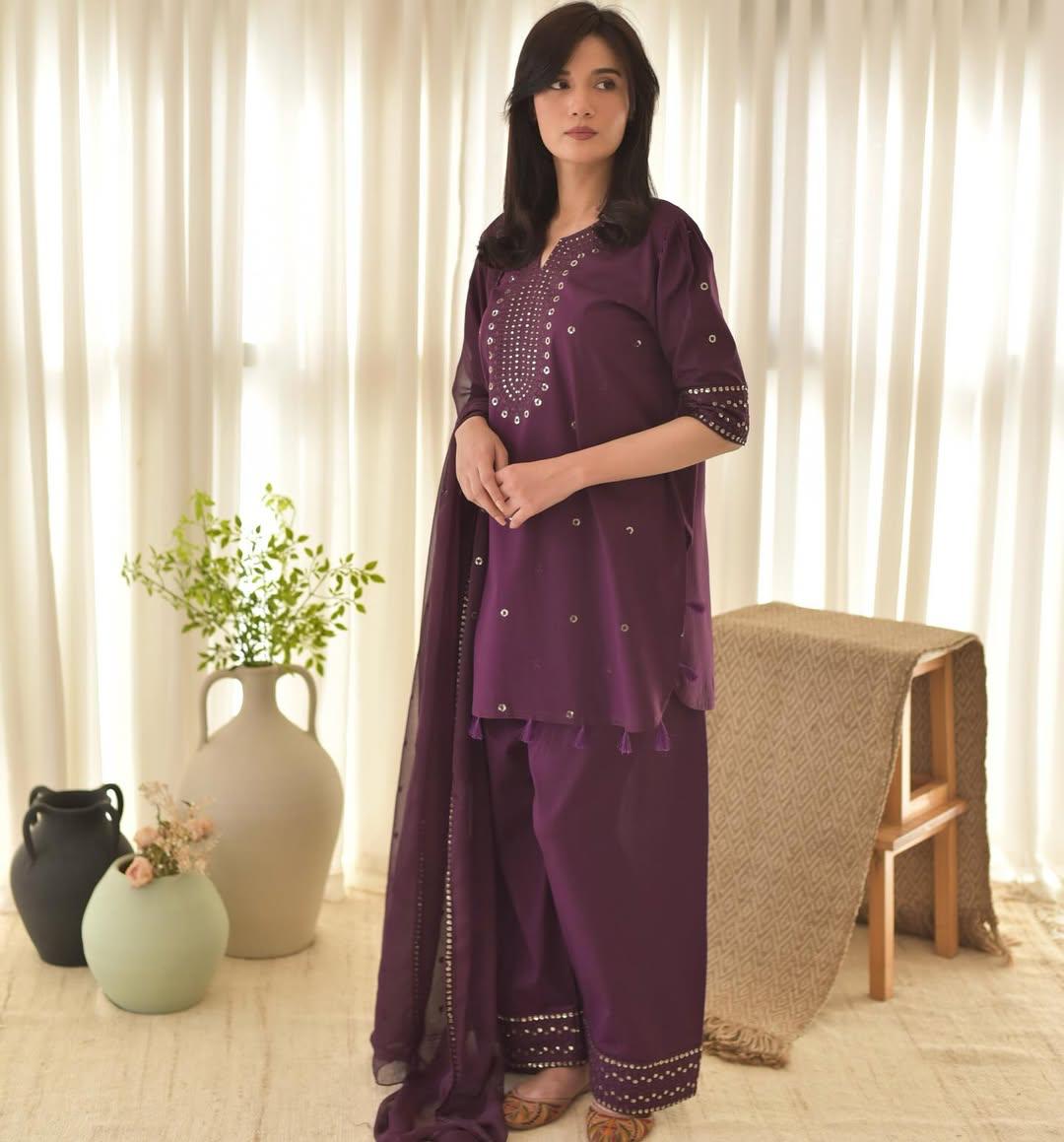 Women's Royal Plum Mirror Work Kurta Palazzo Set with Dupatta