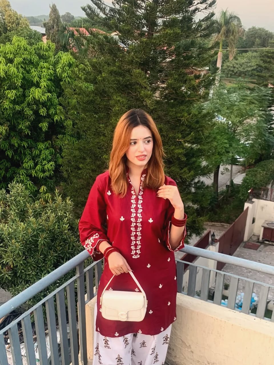 Women's Maroon Embroidered Kurta with White Printed Palazzo Set