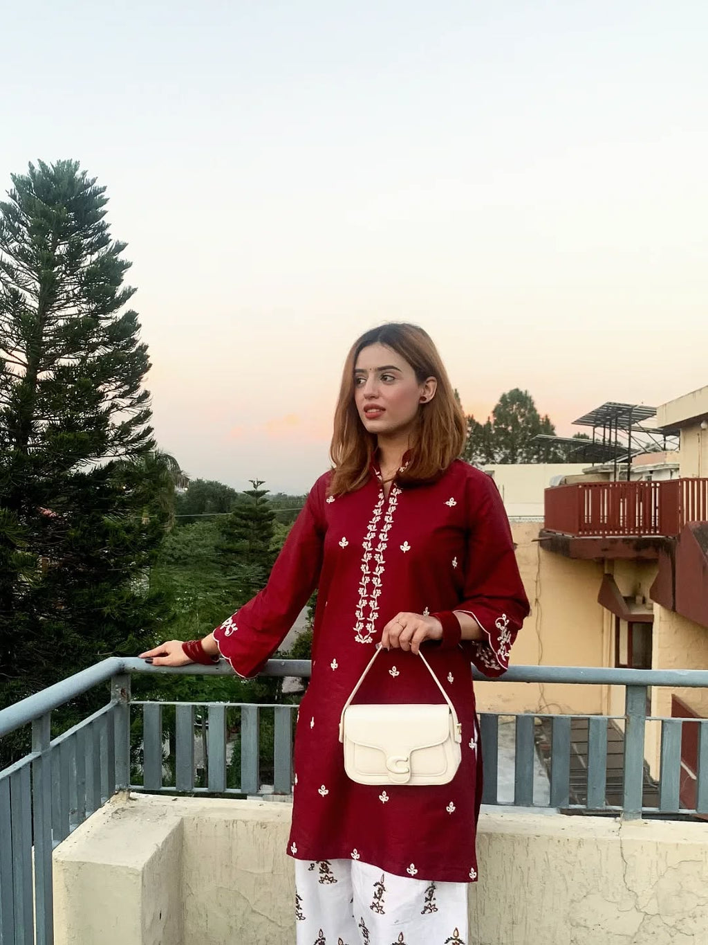 Women's Maroon Embroidered Kurta with White Printed Palazzo Set