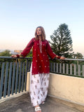 Women's Maroon Embroidered Kurta with White Printed Palazzo Set