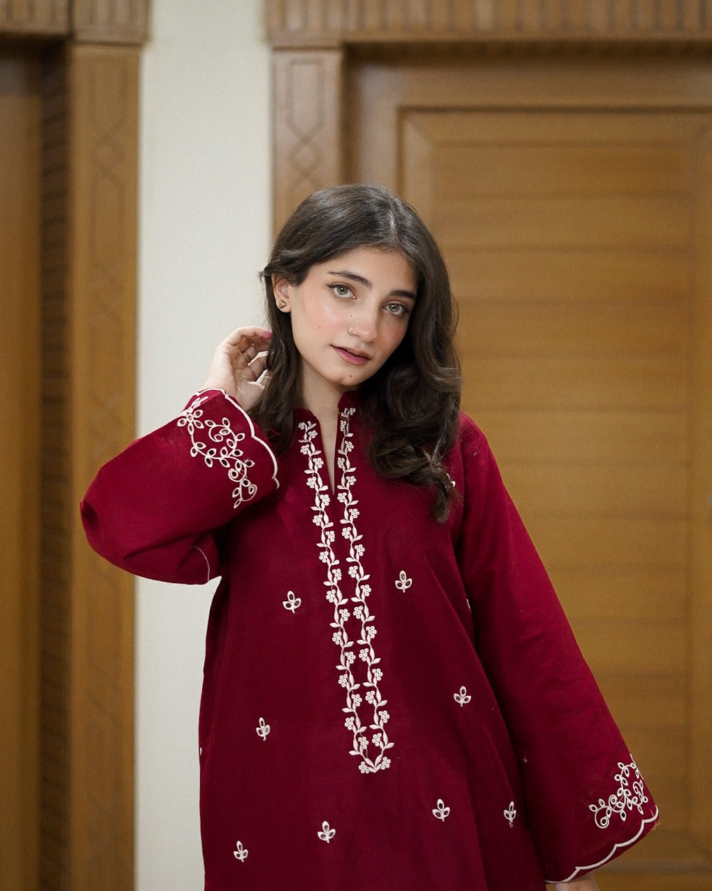 Women's Maroon Embroidered Kurta with White Printed Palazzo Set