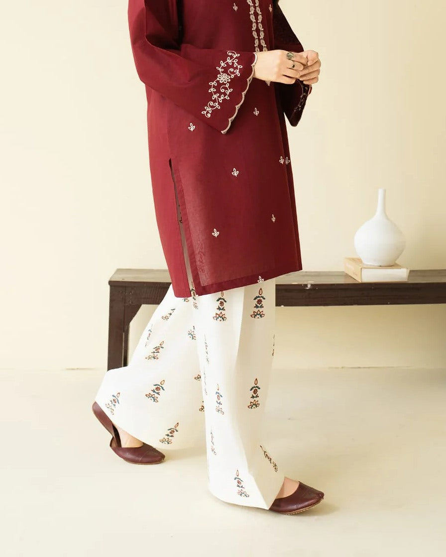 Women's Maroon Embroidered Kurta with White Printed Palazzo Set