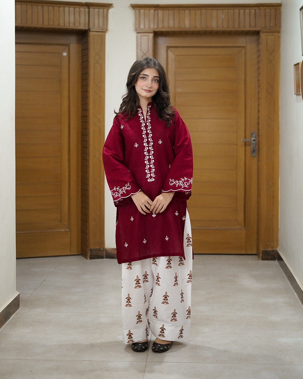 Women's Maroon Embroidered Kurta with White Printed Palazzo Set