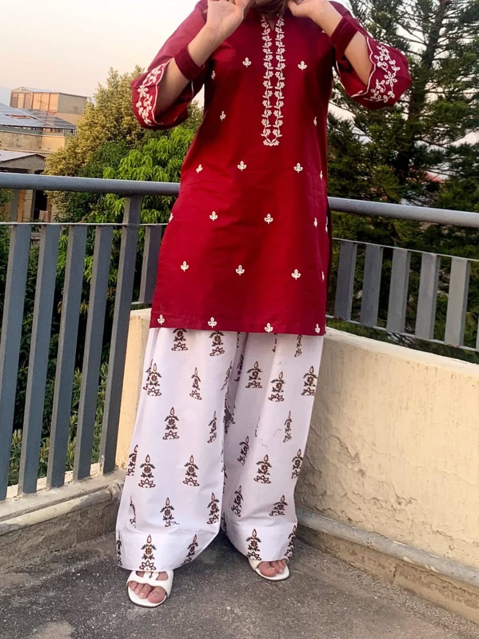 Women's Maroon Embroidered Kurta with White Printed Palazzo Set