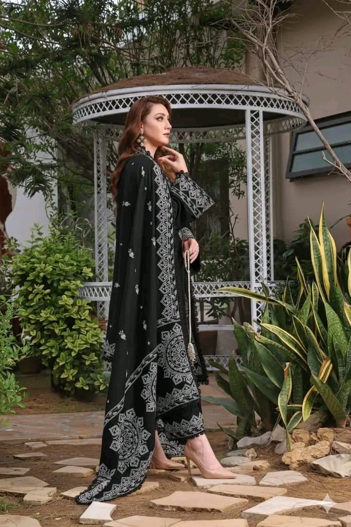 Women's Black Embroidered Kurta Set with Printed Dupatta