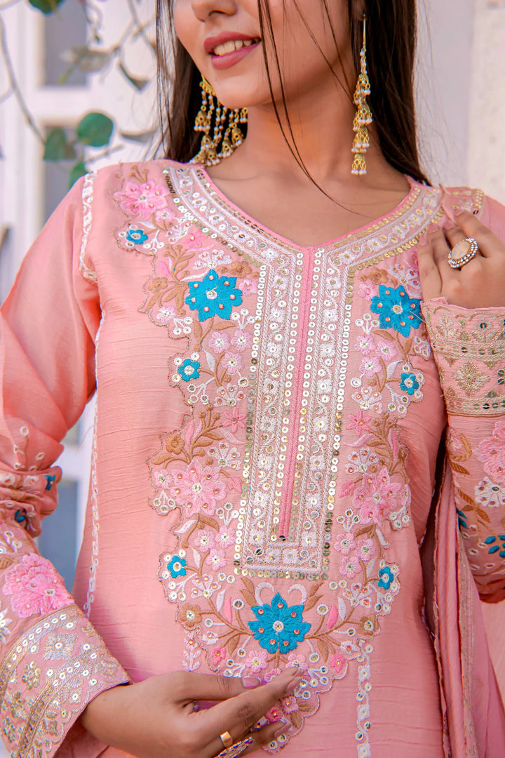 Women's Blush Pink Floral Embroidered Salwar Suit with Dupatta