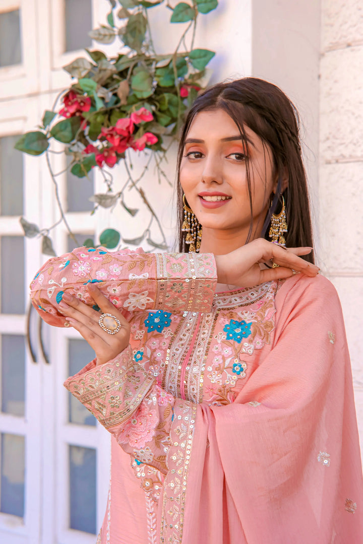 Women's Blush Pink Floral Embroidered Salwar Suit with Dupatta