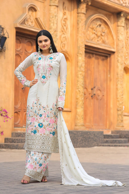 Ivory Floral Embroidered Luxury Pakistani Suit Set with Dupatta