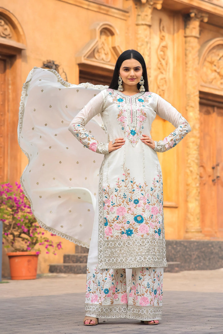 Ivory Floral Embroidered Luxury Pakistani Suit Set with Dupatta