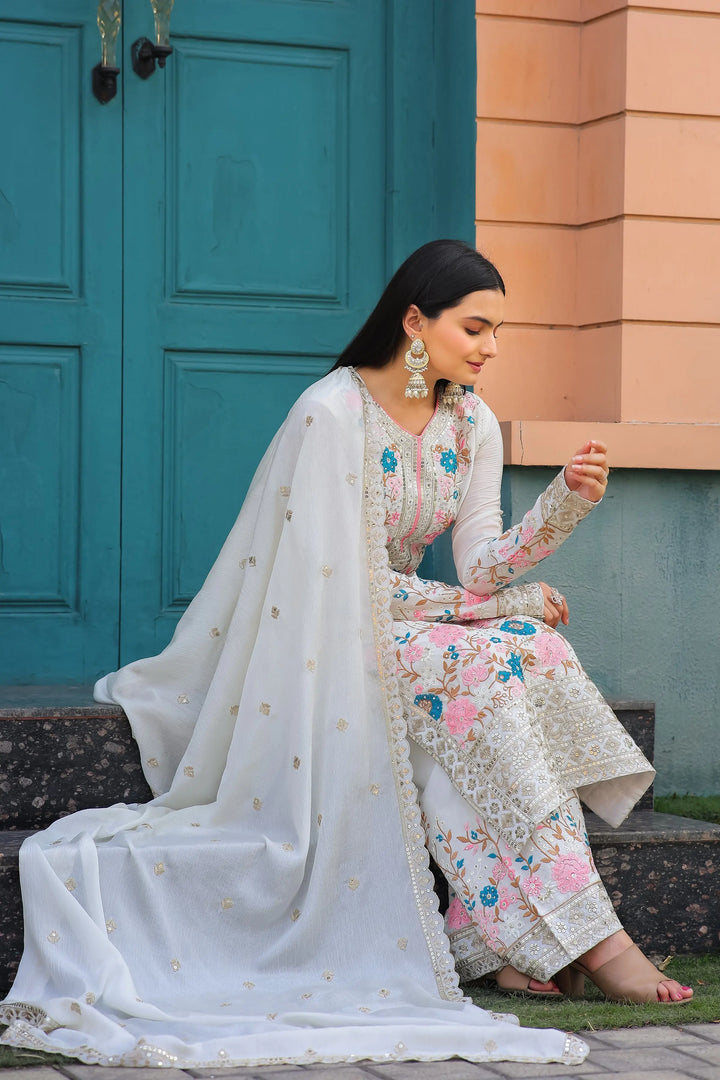 Ivory Floral Embroidered Luxury Pakistani Suit Set with Dupatta